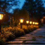 A photograph of a beautifully illuminated garden pathway lined with elegant pedestal solar lights