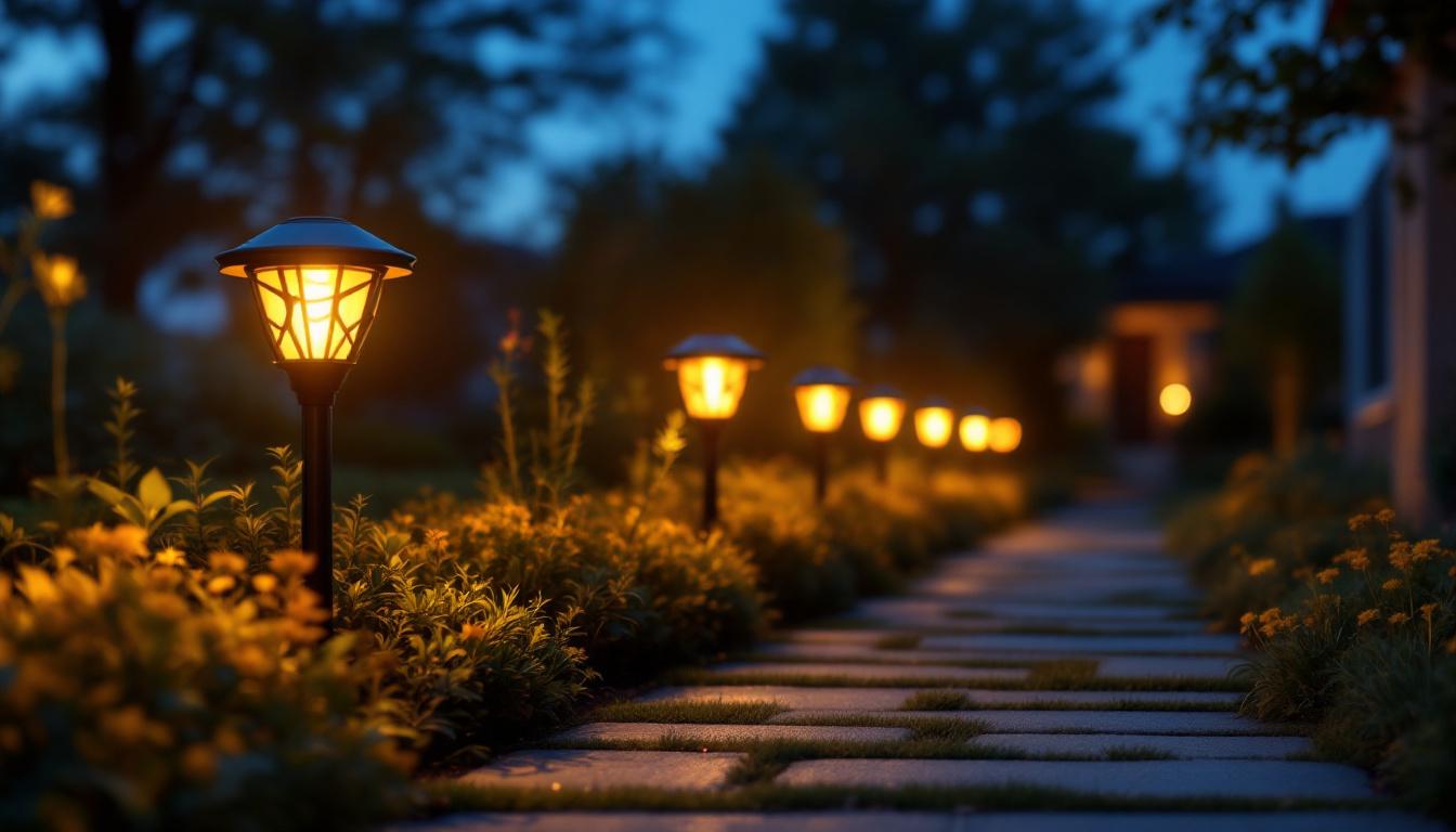 A photograph of a beautifully illuminated garden pathway lined with elegant pedestal solar lights