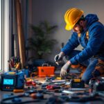 A photograph of a lighting contractor in action