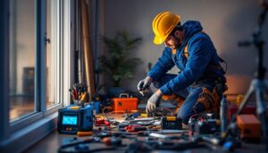 A photograph of a lighting contractor in action