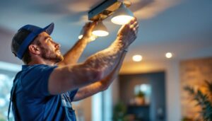 A photograph of a skilled lighting contractor installing a 6 can light housing in a modern home setting