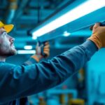 A photograph of a skilled lighting contractor carefully replacing a fluorescent light fixture in a commercial setting