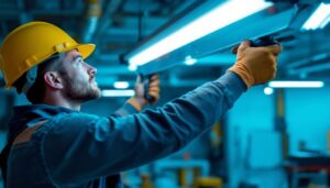 A photograph of a skilled lighting contractor carefully replacing a fluorescent light fixture in a commercial setting