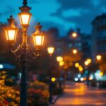 A photograph of a well-lit urban scene featuring a freshly painted lamp post