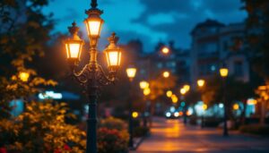 A photograph of a well-lit urban scene featuring a freshly painted lamp post