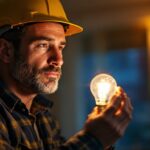 A photograph of a lighting contractor inspecting a flickering light bulb in a residential setting