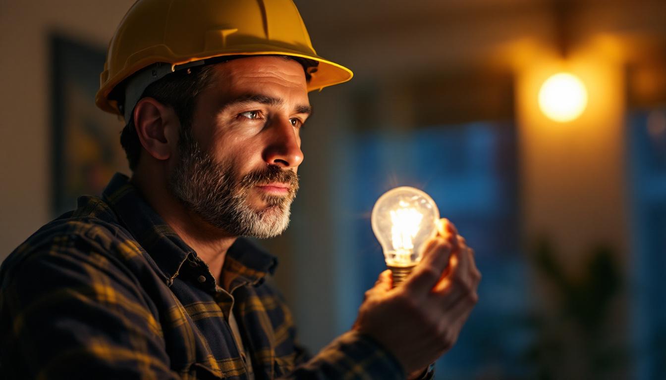 A photograph of a lighting contractor inspecting a flickering light bulb in a residential setting