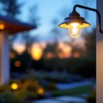 A photograph of a well-designed exterior overhead light fixture installed in a beautifully landscaped outdoor setting