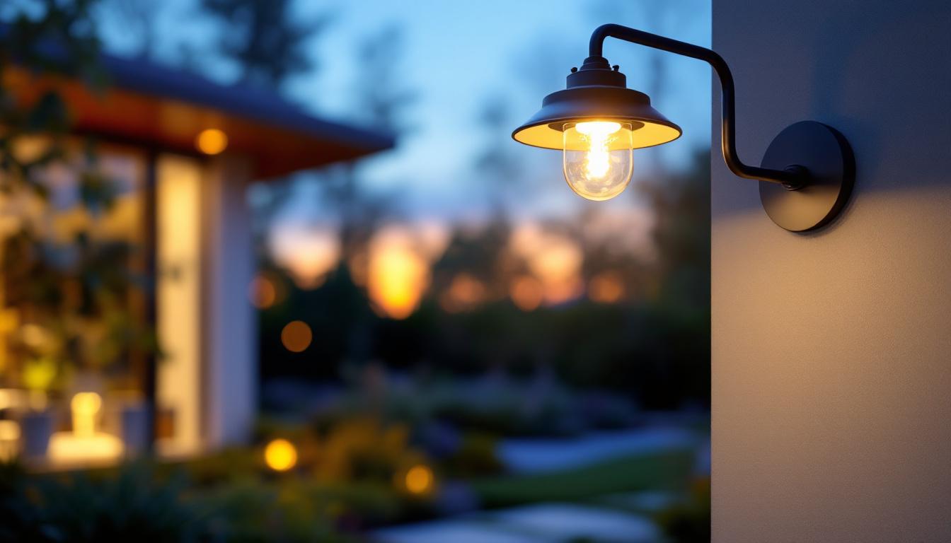 A photograph of a well-designed exterior overhead light fixture installed in a beautifully landscaped outdoor setting