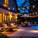 A photograph of a beautifully designed outdoor patio illuminated by stylish light fixtures at dusk