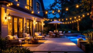 A photograph of a beautifully designed outdoor patio illuminated by stylish light fixtures at dusk
