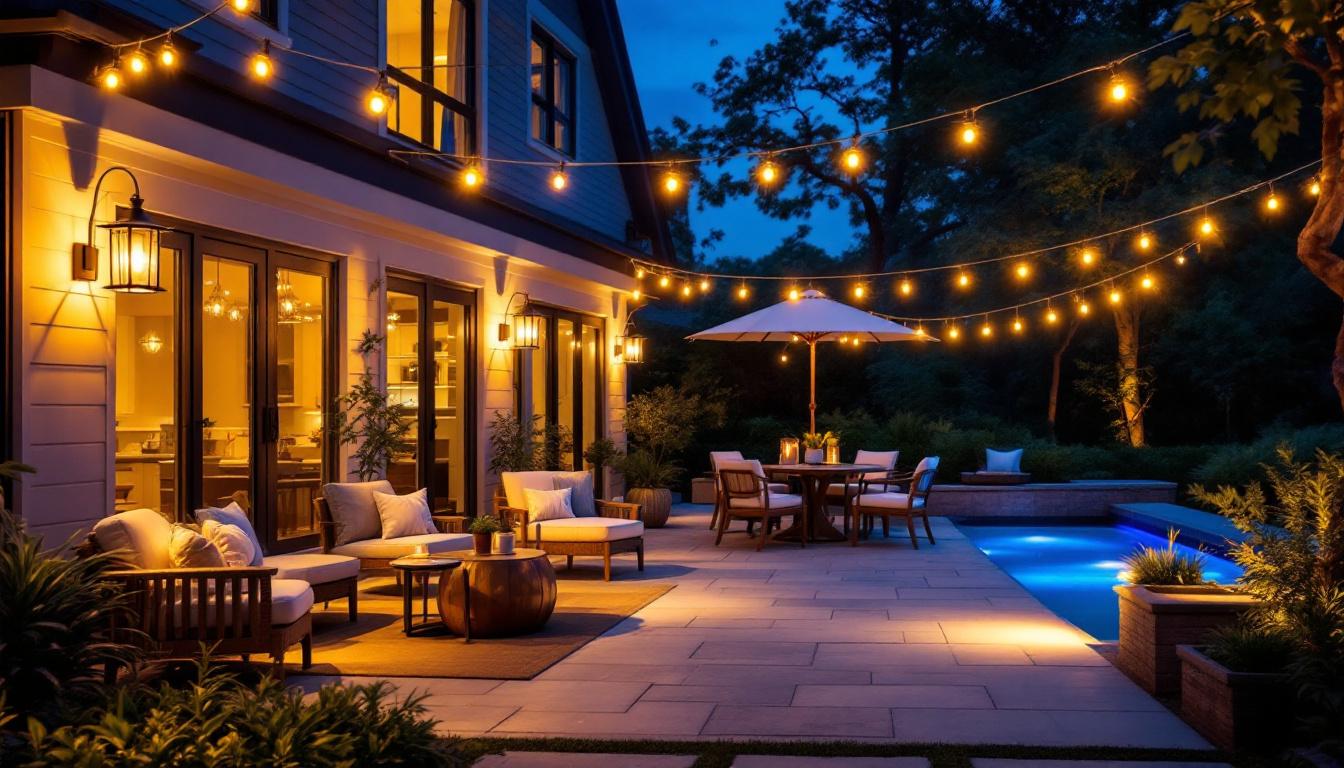 A photograph of a beautifully designed outdoor patio illuminated by stylish light fixtures at dusk