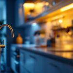 A photograph of a well-designed kitchen or cabinet space illuminated by warm