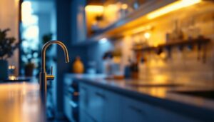 A photograph of a well-designed kitchen or cabinet space illuminated by warm