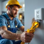 A photograph of a skilled lighting contractor installing a convenience outlet duplex in a modern residential setting
