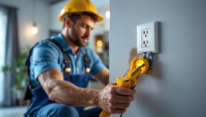 A photograph of a skilled lighting contractor installing a convenience outlet duplex in a modern residential setting