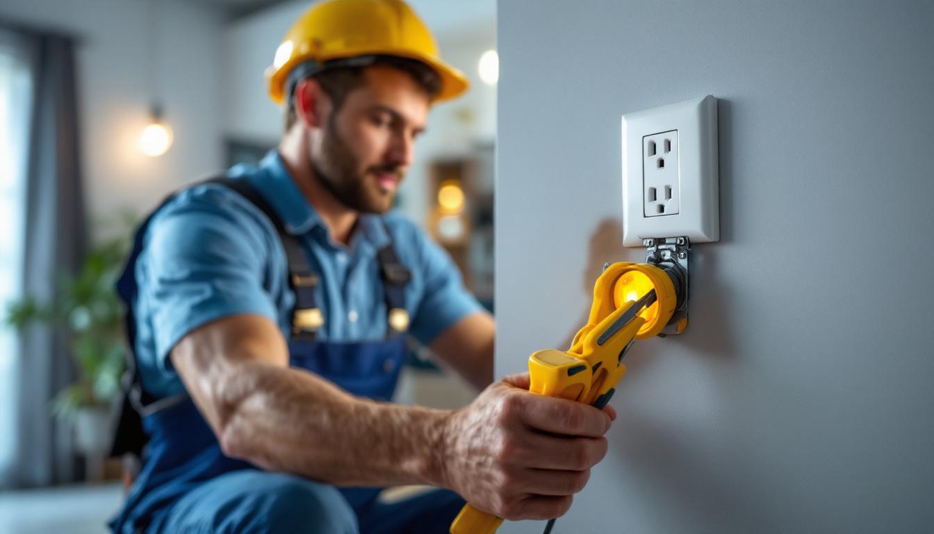 A photograph of a skilled lighting contractor installing a convenience outlet duplex in a modern residential setting