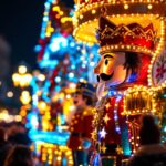 A photograph of a beautifully illuminated nutcracker-themed parade float