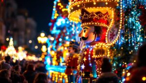 A photograph of a beautifully illuminated nutcracker-themed parade float