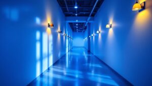A photograph of a beautifully lit corridor that highlights the interplay of natural and artificial light