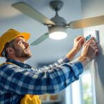 A photograph of a lighting contractor adjusting a ceiling fan control panel in a well-lit room