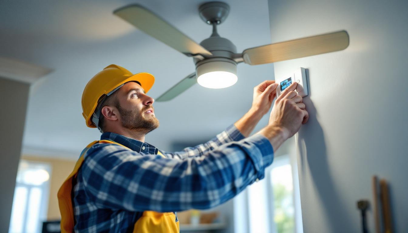 A photograph of a lighting contractor adjusting a ceiling fan control panel in a well-lit room