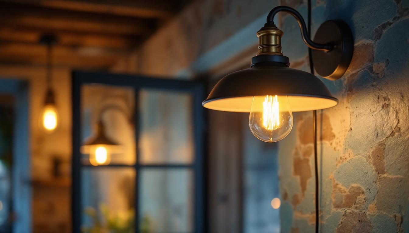 A photograph of a stylish cocoweb barn light installed in a rustic setting