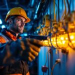 A photograph of a lighting contractor working on a commercial installation
