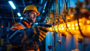 A photograph of a lighting contractor working on a commercial installation