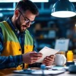 A photograph of a lighting contractor examining various volt lighting products in a well-lit workspace