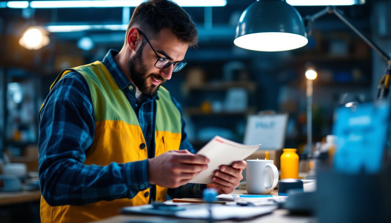 A photograph of a lighting contractor examining various volt lighting products in a well-lit workspace