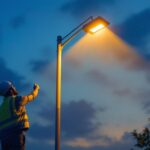 A photograph of a solar-powered light post illuminated at dusk