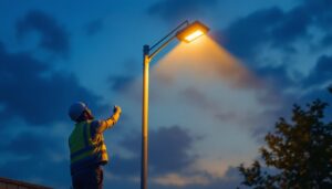 A photograph of a solar-powered light post illuminated at dusk