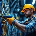 A photograph of a skilled lighting contractor using an electrical snake tool to navigate through a complex wiring setup
