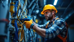 A photograph of a skilled lighting contractor using an electrical snake tool to navigate through a complex wiring setup