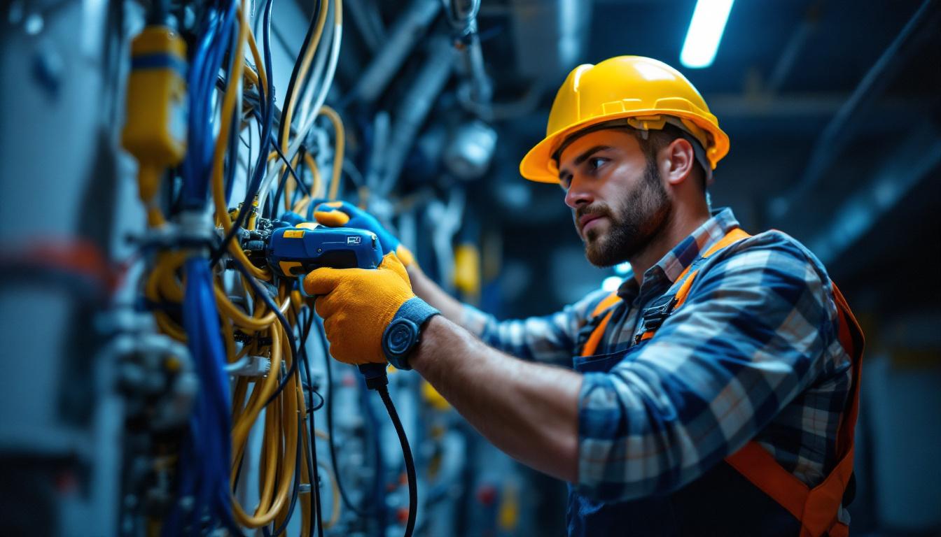 A photograph of a skilled lighting contractor using an electrical snake tool to navigate through a complex wiring setup