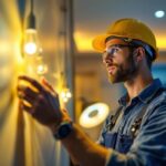 A photograph of a lighting contractor examining a modern led light installation in a residential setting