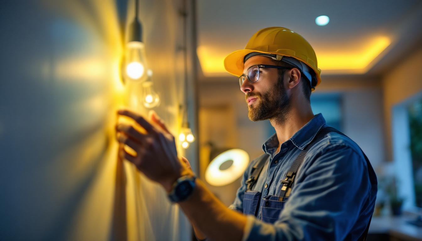 A photograph of a lighting contractor examining a modern led light installation in a residential setting