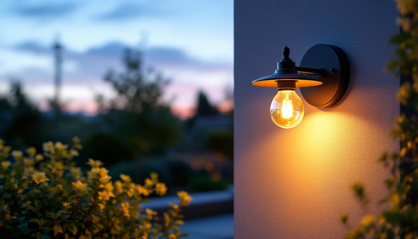 A photograph of a beautifully designed custom outdoor light fixture installed in a picturesque garden or patio setting