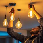 A photograph of a skilled lighting contractor expertly installing elegant hanging led lights in a modern ceiling setting