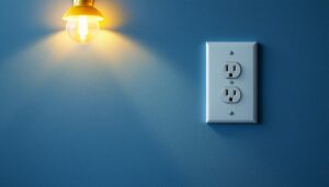 A photograph of a well-designed power outlet wall plate installed in a stylish interior setting
