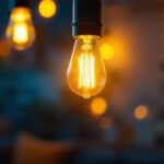 A photograph of a glowing 100 watt type t bulb in a stylish lighting fixture