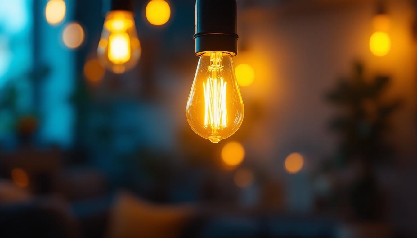 A photograph of a glowing 100 watt type t bulb in a stylish lighting fixture