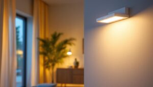 A photograph of a modern motion-sensing indoor light fixture in a stylish