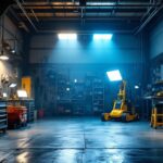 A photograph of a well-lit garage space showcasing various types of flood lights in action