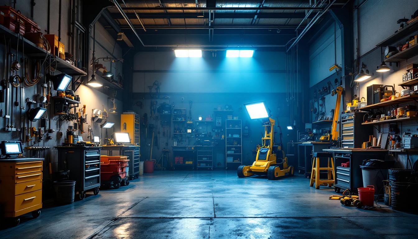 A photograph of a well-lit garage space showcasing various types of flood lights in action