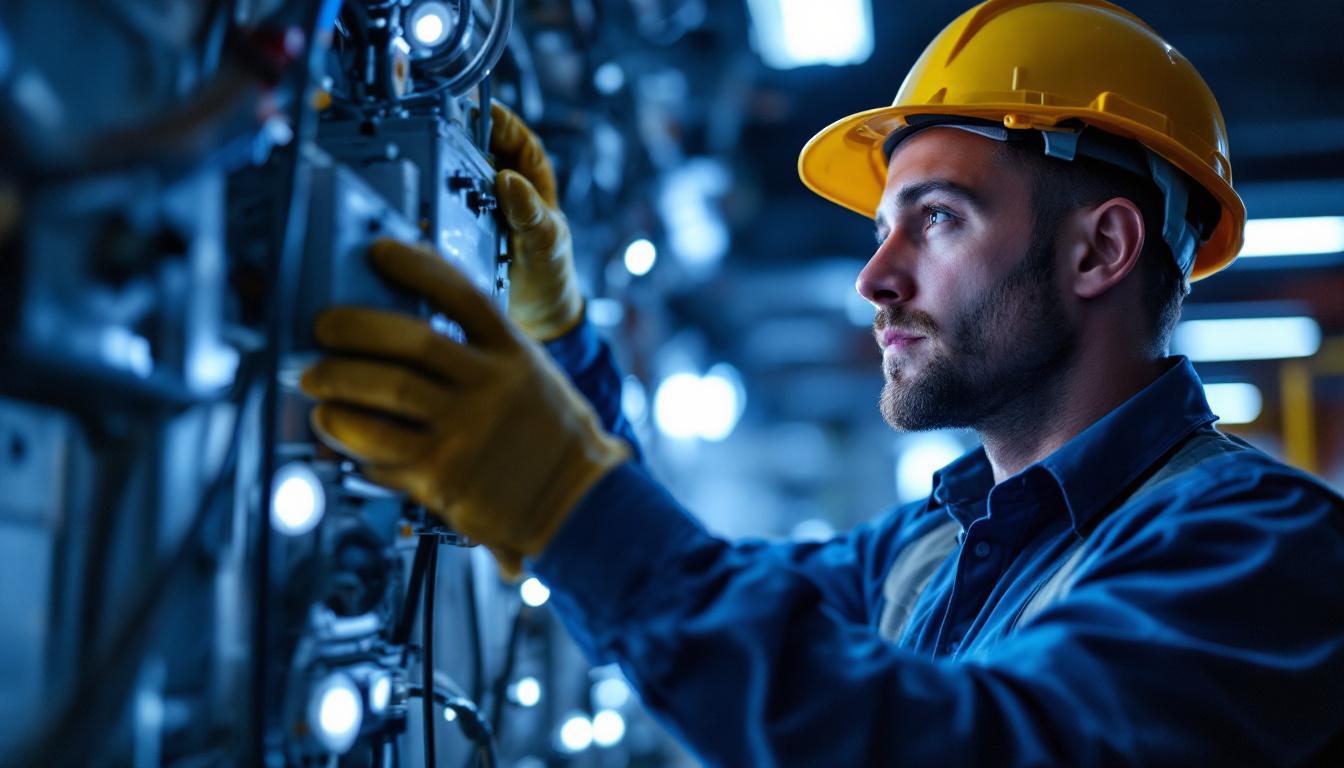 A photograph of a lighting contractor expertly installing or inspecting a h.i.d lighting ballast in a commercial or industrial setting