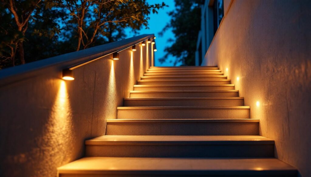 A photograph of a well-lit outdoor staircase featuring stylish led lights
