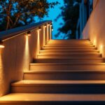 A photograph of a well-lit outdoor staircase featuring stylish led lights