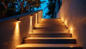 A photograph of a well-lit outdoor staircase featuring stylish led lights